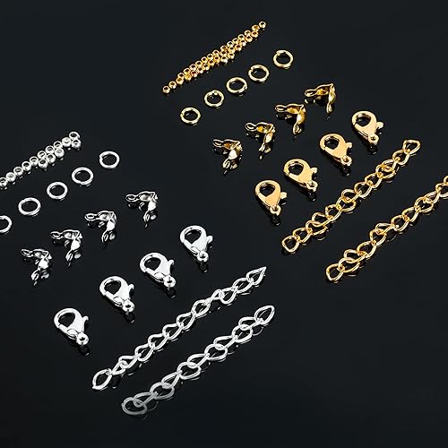 SOSMAR Kit de fabrication de bijoux, avec fermoirs de bracelet, anneaux à sertir, perles à écraser, calottes à sertir, extension de chaîne et pince à épiler, ouvre-œillets pour débutants (argent + - Nail Gallerys
