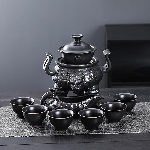 fanquare Service à Thé Semi-Automatique Tasse à Thé Théière Kungfu Chinoise Paresseuse Noire à Trépied 9 Pièces Service à Thé en Porcelaine pour Adultes Homme Cadeau - Nail Gallerys