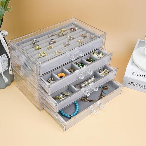 Weiai Organisateur de bijoux en acrylique, boîte à bijoux transparente avec 4 tiroirs, étui de rangement pour femme (gris) - Nail Gallerys