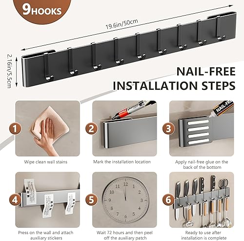 Cintre à ustensiles de cuisine de 50 cm : 9 crochets, support de suspension, sans perçage, pour cuisine, garde-manger, salle de bain (noir) - Nail Gallerys