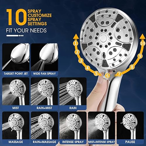 Pomme de douche et tuyau haute pression, pommeau de douche universel puissant à économie d'eau, ensemble avec 10 modes de pulvérisation et tuyau de douche de 2 m de long (pommeau de douche et tuyau - Nail Gallerys