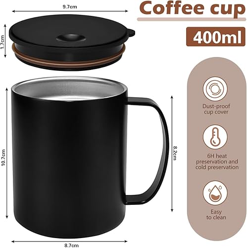 HWSWSH 400ml Tasse à Cafe Isolée en Acier Inoxydable, Tasse à Café Expresso à Double Paroi avec Couvercle Coulissant et Poignée, Mug Cafe Thermique pour Café, Thé, Boissons (Noir) - Nail Gallerys