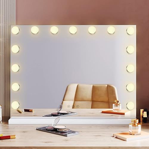 SIRHONA Miroir Coiffeuse, Miroir LED 15 Lumières, Miroir Maquillage Lumineux 3 Mode 58x45.5cm, Miroir LED Coiffeuse Contrôle Tactile, Miroir Maquillage Hollywood Dimmables - Nail Gallerys