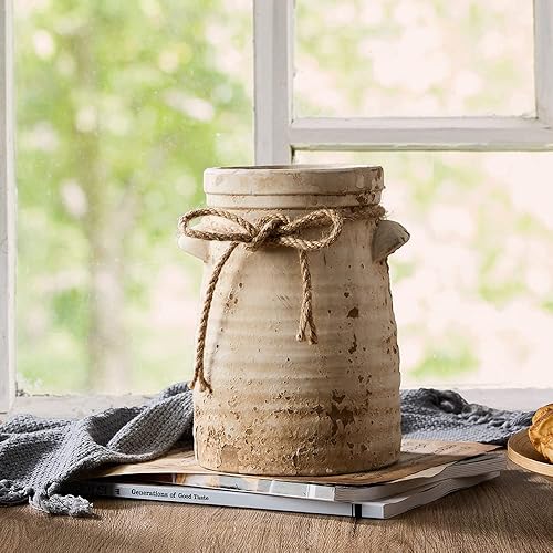 SIDUCAL Grand Vase Rustique en céramique de Ferme en Terre Cuite blanchie à la Chaux pour décoration d'intérieur, Table, Salon, étagère, cheminée, 24 cm, Terre Cuite - Nail Gallerys