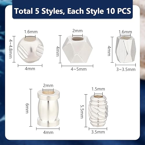 PH PandaHall 50pcs 5 styles Perles D'Espacement 925 perles Plaquées Argent Sterling Entretoises à Facettes en Laiton Entretoises de Bijoux en Métal pour la Bijoux Artisanat de Perles, Trou 1.5~2 mm - Nail Gallerys
