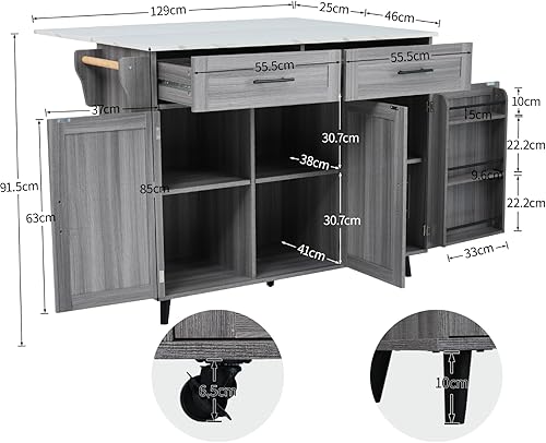 Générique Desserte de Cuisine, Chariot de Service Roulant, Armoire de Rangement sur roulettes, avec Plan de Travail Extensible et Pieds en Bois interchangeables, 2 tiroirs Placard 4 Portes, Blanc - Nail Gallerys