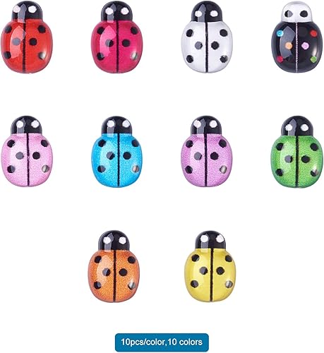 Cheriswelry Lot de 100 cabochons en résine en forme de coccinelle - 10 couleurs - Dos plat - Pour bijoux, boucles d'oreilles, scrapbooking, 12 mm - Nail Gallerys