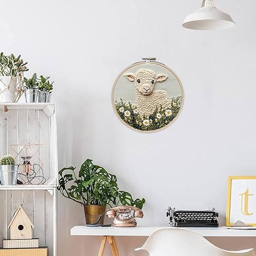 Kit de broderie au poinçon – Kit d'aiguilles fait main, kit de broderie au fil de laine | Kit de broderie au poinçon, motif mouton, kit de création textile, cadeau de couture décorative, projet créati - Nail Gallerys