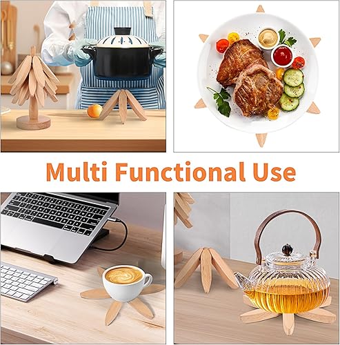 5 pièces Dessous De Plat en Bois pour Plats Chauds, Dessous De Plat Pliable en Forme d'arbre avec Support, Trivets en Bois en Forme D’Arbre, Isolation Anti-BrûLure, ProtèGe Le Plan De Travail - Nail Gallerys