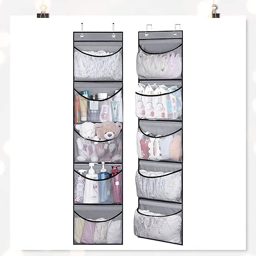 duozoanz Organisateur Suspendu étagère Stockage Rangement - Pliable Au-Dessus Porte Sac Filet avec 5 Grandes Poches et 2 Crochets pour Animaux en Peluche Salle de Bain VêTements, Gris (Gris Clair) - Nail Gallerys