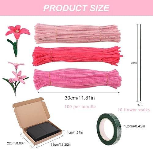 300 Pièces Fil Chenille, Kit Bouquet Cure Pipe Chenille, Creative Fil Chenille, Avec 1Ruban Adhésif De Fleuriste Et 10 Tige Fleur, Pour Décorations Et Artisanat Créatif Creatifs,Diy, 30 * 0.6 Cm - Nail Gallerys