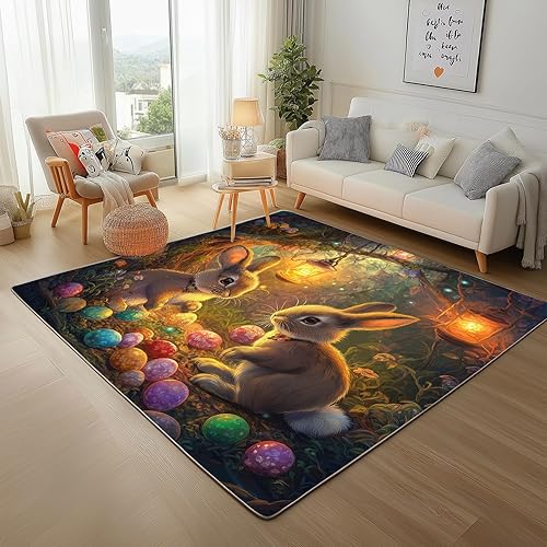 Sshjfeu Paillasson Interieur Entree 80 x 120 cm, Tapis Lapin Animaux Mignon Forêt Lavable Antidérapant, Tapis Œufs de Pâques À Poils Court, Doux, pour l'entrée, la Porte d'entrée - Nail Gallerys