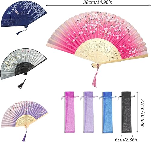 4 Pièces Sakura Éventail Pliants Kit avec 4 Sacs en Organza, Eventail Japonais en Soie et Bambou avec Pompon, Pliant Ventilateur pour Femmes, Cadeaux, Danse, Décorations de Fête de Mariage - Nail Gallerys