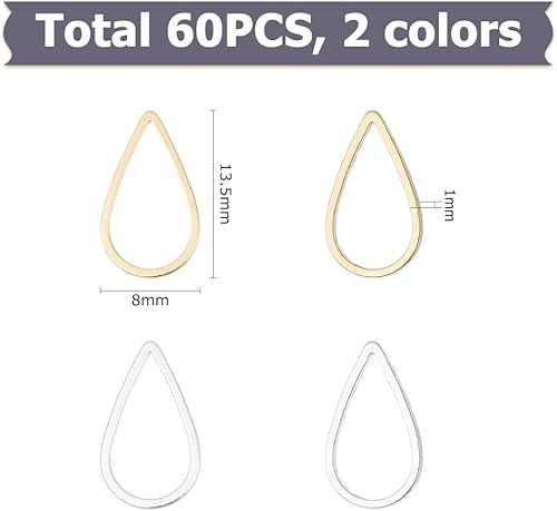 Hobbspring Lot de 60 anneaux de jonction en laiton en forme de goutte d'eau - 2 couleurs - Cadre creux en forme de goutte - Pour bracelets, colliers, bricolage - Nail Gallerys