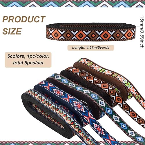 FINGERINSPIRE 25m Ruban Jacquard 15mm de Large 5 Styles Ruban de Broderie Florale Vintage Avec Motif Losange Garniture de Ruban Dentelle Brodée Boho Garniture de Dentelle à Coudre pour L'Artisanat DIY - Nail Gallerys