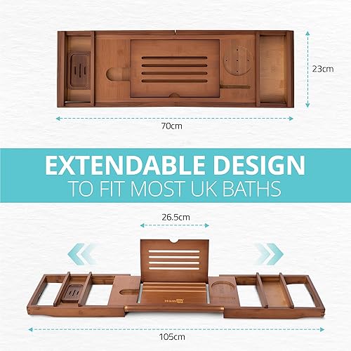 Homiu Plateau de bain en bambou extensible – Plateau de baignoire en bois naturel avec bougie, verre à vin, repose-livre, iPad et support de téléphone – Accessoires de baignoire de luxe – Accessoires - Nail Gallerys