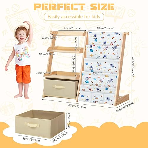 Bibliotheque Enfant avec 4 Étagères et 3 Compartiments Ouverts, Étagere Livre Enfant avec Boîte & 3 Poches, Coffre a Jouet pour Chambre d'enfant, Meuble Rangement Jouet avec Motif Mignon (Arc-en-ciel) - Nail Gallerys