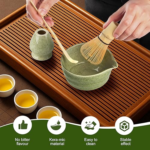 Snovire Le service à thé matcha comprend un bol à matcha, un balai et un support, une pelle en bambou et un repose-cuillère, 5 pièces pour la cérémonie du thé japonaise (sans poudre) - Nail Gallerys