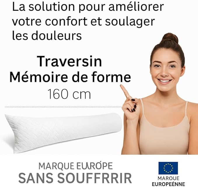 by sommiflex Traversin 160 cm Mémoire de Forme - Confort Ferme, Housse Matelassée - Nail Gallerys