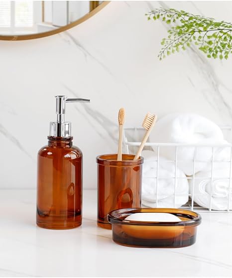 Accessoires de Salle de Bain en Verre Transparent (Distributeur de Savon, Porte - Savon, Tasses), décoration Moderne en Cristal Vintage (Ambre 4 pièces) - Nail Gallerys