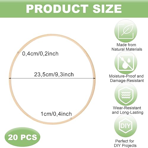 YAYODS Lot de 20 anneaux en bois pour le bricolage - 23 cm - Anneaux décoratifs à suspendre en bois - Couronne de fleurs en bambou - Anneaux pour bricolage, macramé, attrape-rêves pour mariage - Nail Gallerys