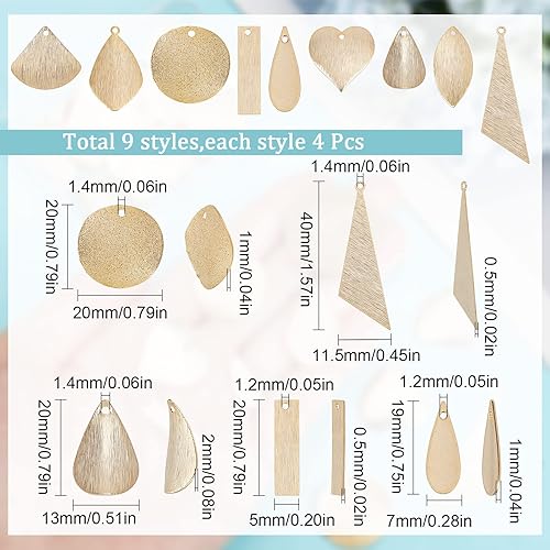 SUNNYCLUE 1boîte 32pièces Véritables Breloques en Laiton Plaqué Or 24K Plat Rond Breloques en Métal Texturé Larme Triangle Breloque Rectangle Estampage Étiquette Vierges Breloques pour la Fabrication - Nail Gallerys