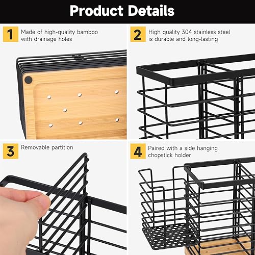 Porte-ustensiles de cuisine en acier inoxydable avec 4 + 1 compartiments en bois - Récipient pour ustensiles de cuisine avec plateau amovible - Grand bol pour couteaux, cuillères et accessoires de - Nail Gallerys