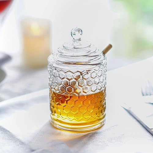 H&D HYALINE & DORA Pot à miel en verre cristal transparent avec louche et couvercle, pot à miel en verre avec distributeur, récipient à miel et sirop en verre pour la cuisine à la maison - Nail Gallerys