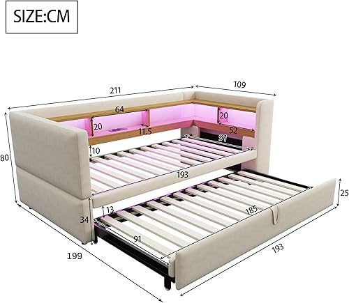 Zepneiy Canapé lit 90x190, Canapé Convertible avec LED et USB, lit 2 Personnes 90/180x190 avec lit gigogne et Plusieurs Compartiments de Rangement, Meuble Salon Beige(sans Matelas) - Nail Gallerys