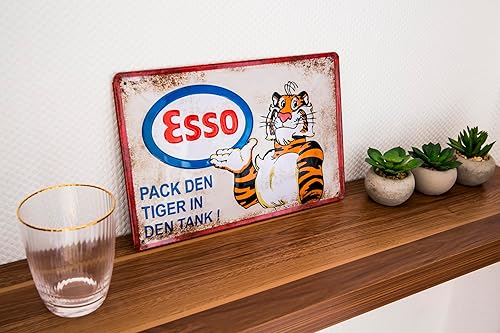LUCKYLINDE Plaque en tôle gaufrée adaptée aux fans d'ESSO, atelier décoratif, garage, station-service, rallye, voiture, voiture ancienne, 20 x 30 cm (ESSO) - Nail Gallerys
