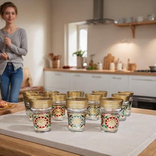 Générique Set de 12 Verres à Thé, Verre a thé Marocains, Motif Couleurs Floral, Verre a thé avec Anneau Décoratif - Nail Gallerys