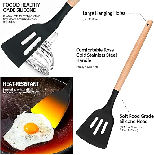 Litinliv Set 12PCS Ustensiles de Cuisine en Silicone Noir - Antiadhésifs, Anti-Rayures & Résistants à la Chaleur, Incluant Cuillères, Spatules & Gadgets, Idéal pour Batterie de Cuisine - Nail Gallerys