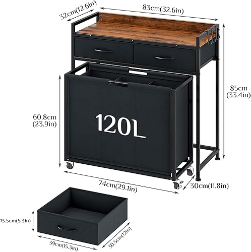 Taotigzu Panier à linge avec étagère et 2 tiroirs en tissu – 3 compartiments en tissu Oxford imperméable avec poignées et roulettes pivotantes, cadre en métal - Nail Gallerys