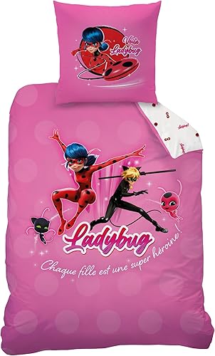 MIRACOULUS Supergirl Parure de lit Enfant | 100% Coton | Oeko-TEX | Housse de Couette 140x200 cm + Taie d'oreiller 63x63 cm | Imprimé Fille | Rose - Nail Gallerys