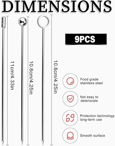 TOZBLEU Pics à cocktail,9 Pièces Pics à cocktail en acier inoxydable, Bâtonnets à Cocktail, Réutilisable Métal Cure Dents Brochettes pour Bar, Grillades, Snacks, Finger Food, Bâtonnets de Fruits - Nail Gallerys