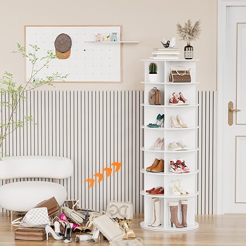 uyoyous Étagère à chaussures à 7 étages, rotative à 360 °, en bois, étagère à chaussures, multifonctionnelle, fine, organisateur peu encombrant, pour sacs à main et chaussures, blanc - Nail Gallerys