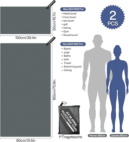 GUHAOOL Serviette Microfibre, Serviette en Microfibre - 180 x 80 cm Serviette de Bain + 100 x 50 cm Serviette Main, Ultra-légère et Rapidement Sèche pour Le Sport, Voyages, Plage, Camping(Gris Foncé) - Nail Gallerys