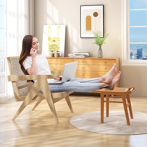 HOMASIS Tabouret de toilette de maquillage en bambou, banquette assise en bambou et rotin capacité de charge jusqu'à 120 kg, petite chaise cosmétique coiffeuse, salon, chambre à TF11088XKES - Nail Gallerys