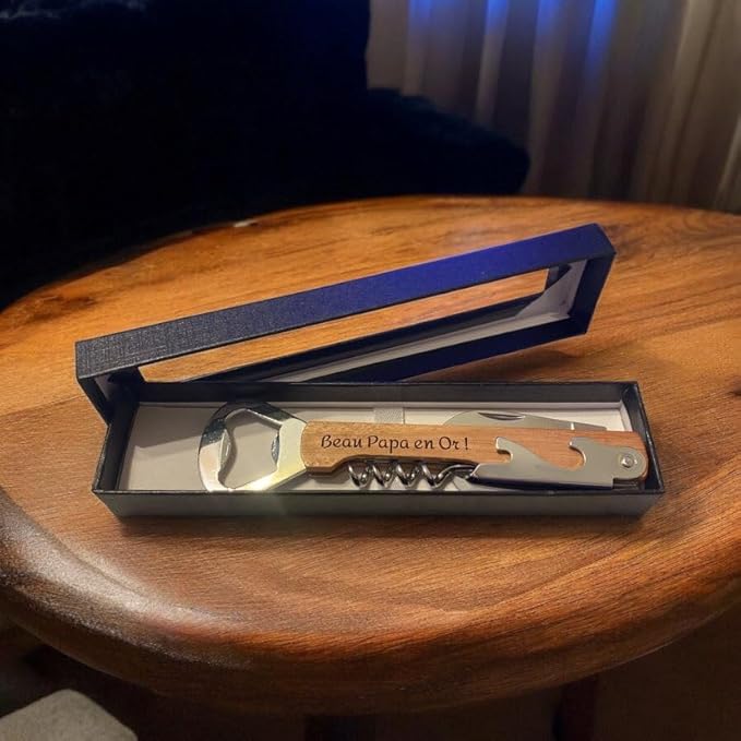 Ouvre bouteille, limonadier, tire bouchon 'Beau Papa en Or' idée cadeau homme, Papa, Beau Père, anniversaire, fête, Noël, bière,vin - Nail Gallerys