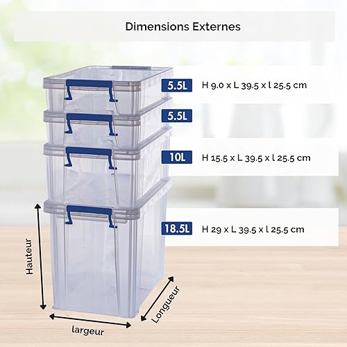 Bankers Box Boîte de rangement ProStore Bonus Pack : 2x5.5L (7.5x34x21.5cm) +1x10L (14x34x21.5cm) +1x18.5L (28x32x20cm), avec couvercle et poignées, empilable, plastique transparent sans BPA, 7731601 - Nail Gallerys