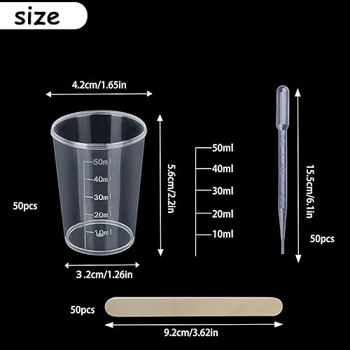 GZhaizhuan Lot de 50 gobelets doseurs en plastique de 50 ml avec 50 bâtonnets en bois et 50 pipettes de 3 ml pour mélanger la résine, la pierre, l'époxy et la peinture - Nail Gallerys
