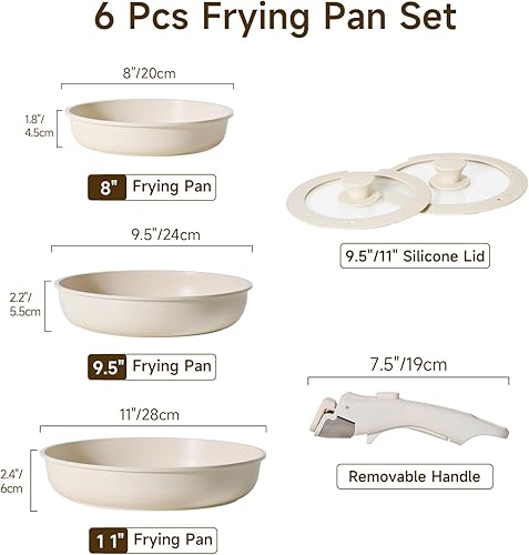 JEETEE Set de Poêles à Frire 6 Pcs, Poêle à Frire Antiadhésive Avec Poignée Amovible et Lid, Poêle 20/24/28 cm Facile À Nettoyer Et Compatible Toutes Les Cuisines, PFOA/PFOS Free, Beige - Nail Gallerys