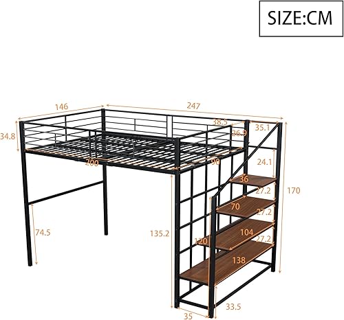 Seyakany Lit Mezzanine 140x200cm avec Escaliers de Rangement, Cadre de lit en Métal, Lit en Fer Construction Métallique Robuste, Lits Simple pour Adolescents et Adultes, Noir - Nail Gallerys