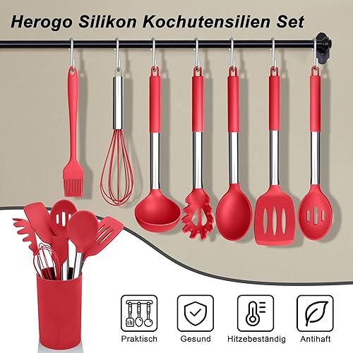 Herogo Ensemble d'ustensiles de cuisine en silicone - 22 pièces - Noir - Avec porte-ustensiles - Ustensiles de cuisine résistants à la chaleur - Poignée en acier inoxydable - Antiadhésifs et sains - Nail Gallerys