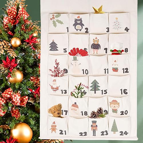 Calendrier de l'Avent à Remplir en Tissu, 2024 Compte à Rebours Calendrier de l'Avent Mural Réutilisable avec 24 Pochettes 15x15 cm, Décorations de Noël pour Suspendre, Cadeau Enfant Adulte(118*70cm) - Nail Gallerys