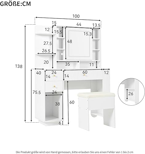 Zubaliya Ensemble Coiffeuse avec Miroir LED à luminosité réglable et 5 tiroirs, Plateau Transparent en Verre trempé,Coiffeuse avec Rangement 120 x 45 x 115 cm, Blanc - Nail Gallerys