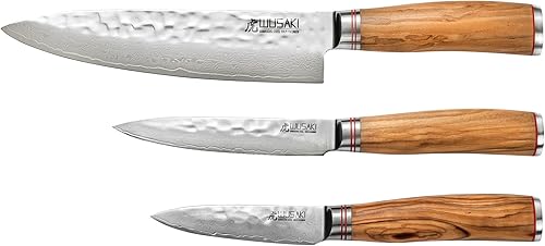 Wusaki Damas 10Cr Coffret de 3 Couteaux de Cuisine : Chef + Universel + Office avec Lames Damas et Manches en Bois d'Olivier – Boîte idéale à offrir - Nail Gallerys