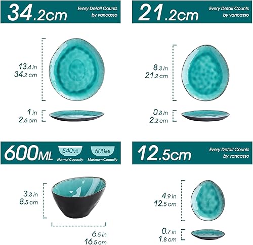 vancasso Service de table ovale irrégulier en céramique - 11 pièces - 1 assiette de service, 2 assiettes à dessert, 4 bols et 4 soucoupes - Bleu turquoise - Nail Gallerys