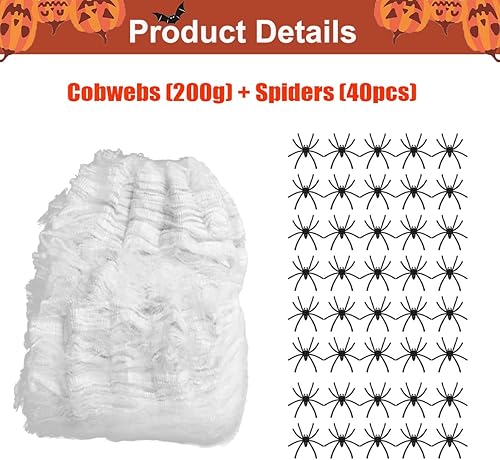 Gxlaihly Toile d'araignée Halloween, 200g Toile Araignée Extensibles Coton et 40 Fausses Araignées Deco Intérieur et Extérieur pour Halloween Fête Jardin Bar Thème de l'horreur Nuit - Nail Gallerys