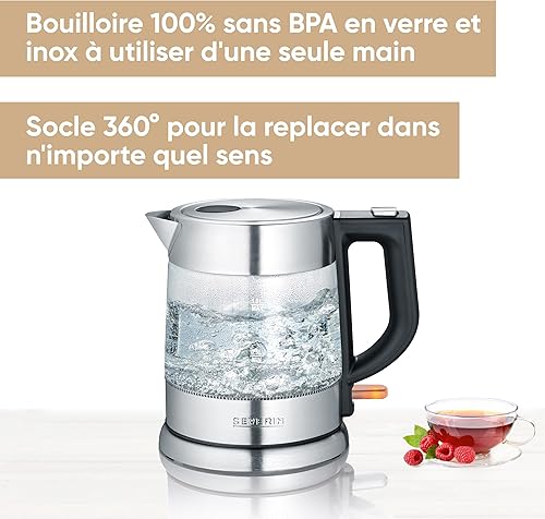 SEVERIN Bouilloire en Verre 0,5L, 1 100 W, sans BPA, Filtre Anticalcaire Amovible, Ouverture à une main, Socle 360°, WK 3472, Acier Inoxydable/Noir. - Nail Gallerys